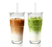 INSETLAN 590ml Clear Glass Cup with Lids and Straws, 2 Pack Ice Coffee Cup, Drinking Glasses with Straw for Smoothie, Latte, Iced Coffee, Matcha and More - Elegant & Durable