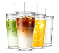 INSETLAN 590ml Glass Cup with Lids and Straws, 4 Pack Ice Coffee Cup, Drinking Glasses with Straw for Smoothie, Latte, Iced Coffee, Matcha and More - Elegant & Durable