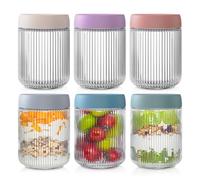 INSETLAN 6 Pack Glass Overnight Oats Jars Leakproof, 500ml Ribbed Overnight Oats Container with Lids for Homemade Yogurt Oatmeal Salad Jam