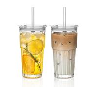 INSETLAN 600ml/16oz Iced Coffee Cup, 2 Pack Glass Tumbler with Lids and Glass Straws, Leakproof Smoothie Cup for Iced Coffee, Smoothies, Matcha, Tea, Juice, Ideal for Home and Outdoor Use