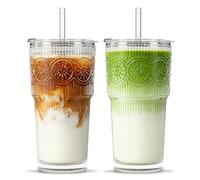 INSETLAN 600ML Floral Iced Coffee Cups, 2 Pack Leakproof Glass Tumblers with Lids and Glass Straws, Glass Cups with Straw and Lid for Matcha Iced Coffee, Smoothie