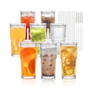 INSETLAN 600ml Glass Cup with Lids and Glass Straws Set of 8, Leakproof Glass Tumbler with Straw and Lid, Thickened Glass, Ideal for Iced Coffee, Smoothies, Cocktails, and Juices,Durable Drinkware