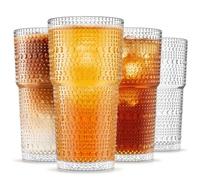 INSETLAN 600ml Hobnail Glass Cups Set of 4, Thicken Drinking Glasses, Iced Coffee Cups Glass for Cocktail, Juice, Tea, Soda & Smoothie, Dishwasher Safe Glass Tumbler Set for Home, Party & Camping