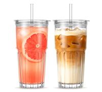 INSETLAN 600ml Modern Iced Coffee Cup, 2 Pack Leakproof Glass Tumbler with Lids and Straws, Smoothie Cup for Iced Latte, Smoothies, Matcha, Juice, Ideal for Home and Outdoor Use