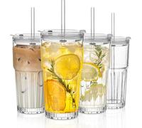 INSETLAN 600ml Modern Iced Coffee Cup, 4 Pack Leakproof Glass Tumbler with Lids and Straws, Smoothie Cup for Iced Latte, Smoothies, Matcha, Juice, Ideal for Home and Outdoor Use