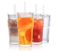 INSETLAN 600ml Ribbed Glass Tumblers with Lids and Glass Straws Set of 4, Leakproof Glass Cup with Straw and Lid, Thickened Glass, Ideal for Iced Latte, Smoothies, Cocktails,Durable Drinkware (4)