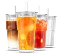 INSETLAN 600ML Ribbed Iced Coffee Cups, 4 Pack Leakproof Glass Tumblers with Lids and Glass Straws, Glass Cups with Straw and Lid for Matcha Iced Coffee, Smoothie