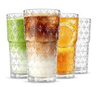 INSETLAN 600ml Sparkling Star Glass Cups Set of 4, Vintage Drinking Glasses, Coffee Cups Glass for Cocktail, Juice, Tea, Soda & Smoothie, Dishwasher Safe Glass Tumbler Set for Home, Party & Camping