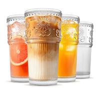 INSETLAN 600ml Sunflower Glass Cups Set of 4, Thicken Drinking Glasses, Iced Coffee Cups Glass for Cocktail, Juice, Tea, Soda & Smoothie, Dishwasher Safe Glass Tumbler Set for Home, Party & Camping