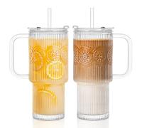 INSETLAN 760ml Floral&Ribbed Glass Cup with Straws and Lids, 2 Pack Iced Coffee Cups with Handle, Glass Mugs for Water, Smoothies, Tea, and Juice - Ideal for Travel & Daily Use