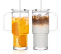 INSETLAN 760ml Glass Tumbler with Handle & Lid, 2-Pack Large Iced Coffee Cups with Straws, Modern Glass Mug for Cold & Hot Beverages, Aesthetic Travel Cup for Smoothies, Tea, and Juice