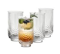 INSETLAN Art Deco Drinking Glasses | 410ml Set of 4 Vintage Highball Glasses with Straws | Dishwasher Safe | Cocktail Glasses, Pint High Balls Mojito Glasses | Durable Glass | Home, Kitchen & Parties