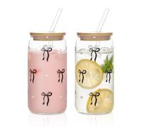 INSETLAN Black Bow Glass Cups with Lids and Straws 2 Pack, 500ml Iced Coffee Cup with Cute Heart Design, Glass Tumblers with Bamboo Lid, Ideal for Matcha, Iced Coffee, Smoothies