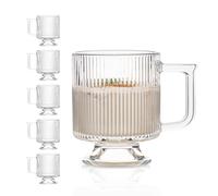 INSETLAN Glass Coffee Mug Set of 6, 295ml Coffee Mugs with Handle and Base, Ribbed Glass Coffee Mug, Clear Tea Cups, Perfect for Hot Drinks, Cappuccino,Latte,Tea,Desserts
