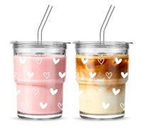 INSETLAN Heart Iced Coffee Cup, 380ml Glass Tumbler with Lid and Straw 2 Pack, Reusable Glass Cups for Latte, Smoothies, Matcha & Cold Drinks,Gift for Teenager Girl