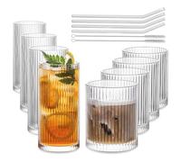 INSETLAN Ribbed Drinking Glasses Set of 8, 4pcs Highball Glasses 12oz, 4pcs Rocks Glass Cups 14oz, Classic Cocktail Drinking Glasses,Water Glass Cups Ideal for Cocktail, Juice, Water, Ice Coffee