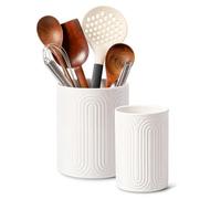 INSETLAN Utensil Holder, Ceramic Kitchen Utensil Organizer for Countertop Set of 2, Arch-Design Utensil Pots for Farmhouse Decor & Kitchen Counter, Morden White Utensil Organizer for Spatula