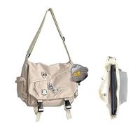Inshere Aesthetic Crossbody Bag with Cute Pins and Ornament, Nylon Laptop Bag Japanese Kawaii Bag for Women Men Beige