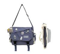 Inshere Aesthetic Crossbody Bag with Cute Pins and Ornament, Nylon Laptop Bag Japanese Kawaii Bag for Women Men Blue