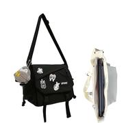 Inshere Aesthetic Crossbody Bag with Cute Pins and Ornament, Nylon Laptop Bag Japanese Kawaii Bag for Women Men Black