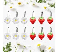 Inshere Cute Strawberry & Floral Shower Curtain Hooks, 12Pcs Rustproof Stainless Steels Fruit Strawberry Flower Decoration Bathroom Shower Curtain Hanger Decor