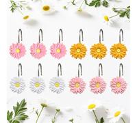 Inshere Mix Color Daisy Floral Shower Curtain Hooks,12Pcs Rustproof Stainless Steels Pink Yellow White Flower Decoration Bathroom Shower Curtain Hanger Decor