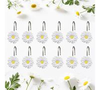 Inshere White Daisy Floral Shower Curtain Hooks, 12Pcs Rustproof Stainless Steels White Flower Decoration Bathroom Shower Curtain Hanger Decor
