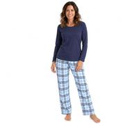 INSIGNIA Ladies Pyjamas Set Women's Long Sleeve Jersey Top & Warm Brushed Check Trousers, Cotton Blend Nightwear, Tie Waist, Grey Pink Blue, S-XL