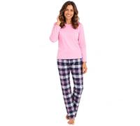 INSIGNIA Ladies Pyjamas Set Women's Long Sleeve Jersey Top & Warm Brushed Check Trousers, Cotton Blend Nightwear, Tie Waist, Grey Pink Blue, S-XL