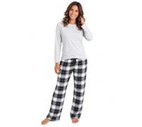 INSIGNIA Ladies Pyjamas Set Women's Long Sleeve Jersey Top & Warm Brushed Check Trousers, Cotton Blend Nightwear, Tie Waist, Grey Pink Blue, S-XL