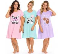 INSIGNIA Women's 3 Pack 100% Cotton Jersey Nightshirts, Short Sleeve Round Neck Nighties, Relaxed Fit Knee Length Ladies Nightdresses Sleepwear