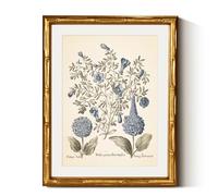 InSimSea Gold Bamboo Framed Canvas Wall Art, Retro Blue Hydrangea Botanical Prints, Antique Flowers Picture Frame with Mat, Victorian Home Wall Decor for Kitchen Living Room Bedroom, 11x14inch