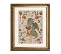 InSimSea gold framed art Cute Reading Dragon Wall Art, 16x13 Inch Framed Decor, Cottagecore Floral Dinosaur Print, Whimsical Neutral-Tone Art for Kids Room,Nursery,Living Room.