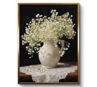 InSimSea Gold Framed Vintage Wall Art, Elegant Baby’s Breath Bouquet Still Life On Premium Canvas, Soft Neutral French Country Decor, Classic Botanical Artwork For Bedroom, Kitchen Decor 12"x16"
