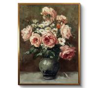 InSimSea Golden Framed Vintage Canvas Wall Art Pink Roses and Daisies in Vase Print For Bedroom, Classic Romantic Peony Floral Still Life Artwork Painting Farmhouse Home Decor 12"x16"