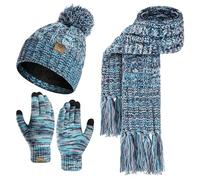 INSISMY Hat Scarf Gloves Set Women's Beanie Hat Long Scarf and Thermal Touch Screen Gloves Set 3 PCS Soft Warm Winter Melange Knitted Pom Cap Set for Ladies Lake Blue