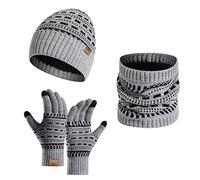 INSISMY Winter Beanie Hat Scarf and Touch Screen Gloves Set Knitted Hats Thermal Gloves for Men Women Neck Warmer 3 PCS Skull Cap Thick Fleece Lined Unisex Dotted Stripe Gray