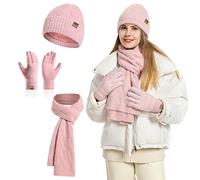 INSISMY Womens hat scarf and Touch screen gloves set ladies Women Winter scarf Warm Fleece Lined Beanie Skull Caps for Men Women Pink