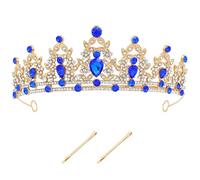 inSowni 1pc Birthday Wedding Bridal Princess Queen Sparkly Crystal Rhinestone Tiara Crown Headband Headpiece with 2 Bobby Pins for Women Girls Brides Bridesmaids (Gold Royal Blue)