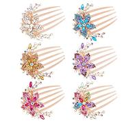 inSowni 6 Pack Luxury Glitter Sparkly Jeweled Gems Rhinestones Decorative Gold Metal Hair Side Combs Slides with Teeth Hair Bun Clips Updo Accessories Crystal Flower Hair Pin Barrettes for Women Girls