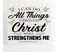 Inspirational Bible Verse Building Bricks Blocks Puzzles Sign Christian Desk Decor Rustic Philippians 4 13 Scriptures Sign Home Office Religious Tabletop Shelf Desk Decoration