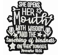 Inspirational Bible Verse Iron On Patch | She Opens Her Mouth with Wisdom Proverbs 31:26, Elegant Embroidery with Star & Floral Motifs, Christian Gift for Women, Jackets, Hats