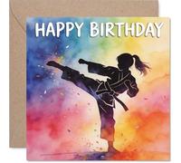 Inspirational Birthday Card - Kickstart the Celebrations - Vibrant Martial Arts Silhouette on Watercolour Background - 145mm Square, Envelope Included