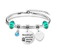 Inspirational Bracelet Jewellery Gift For Girls,Silver Heart Pendant 26 Initial Letter A-Z Bracelet For Daughter Sisters Friends "Beautiful girl you can do amazing things" (A)