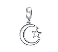 Inspirational Celestial Moon And Star Muslim Support Symbol Dangle Bead Charm For Women Teens .925 Sterling Silver Fits European Bracelet