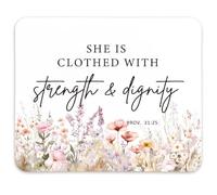 Inspirational Christian Floral Mouse Pad,Gifts for Christians,Non-Slip Rubber Base Mousepads for Home Office Dorm Desk Decor,She is Clothed in Strength and Dignity,11.8" x 9.8"