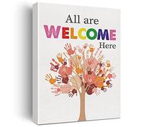 Inspirational Diversity Wall Art All are Welcome Here Watercolor Canvas Painting Prints for Classroom Wall Decor Framed Equality Artwork Gifts(12x15 Inch)