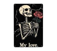 Inspirational Door Sticker Skeleton & Rose my love Slogan Flower Signs Vintage Advertising for Pet-Friendly Spaces,Garage,Bar Shed,Cat/Dog Owners M