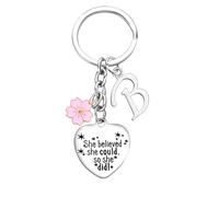 Inspirational Gift Initial Keychain For Women Friends Keyrings With Pink Flower 26 Letter Alphabet Keychain For Her Graduation Christmas Birthday Gifts for Daughter Sister (B)