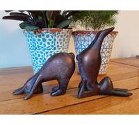 Inspirational Gifting 14cm tall Pair of Yoga Bunnies sculpture figurine ornament hand cast in solid metal with aged bronze patina